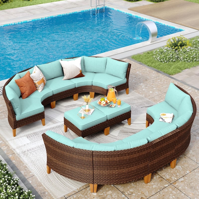 Curved Sectional Sofa: Turquoise Cushions Half Moon Poolside Lounge
