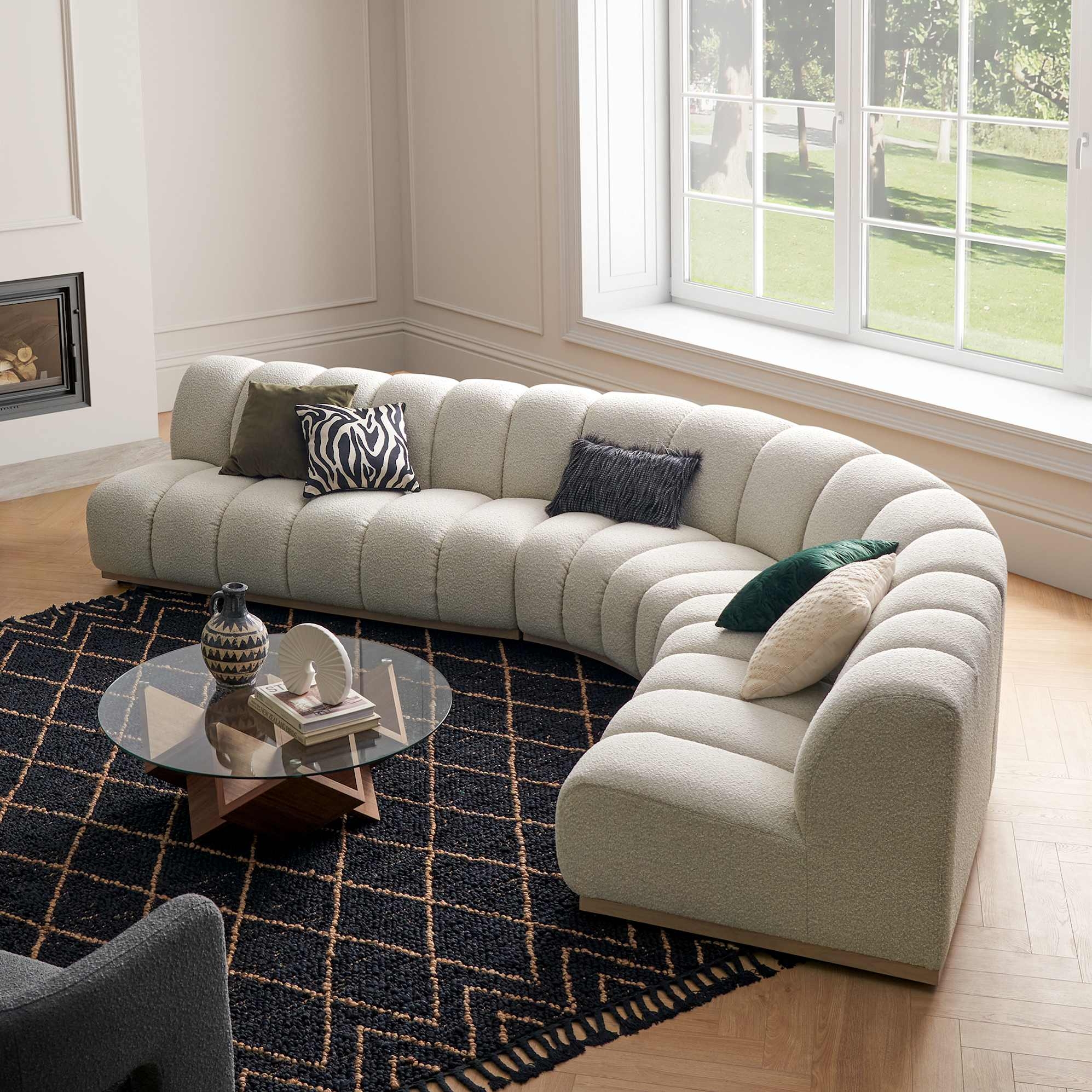 Curved Sectional Sofa Vertical Channel Tufted Ivory Boucle