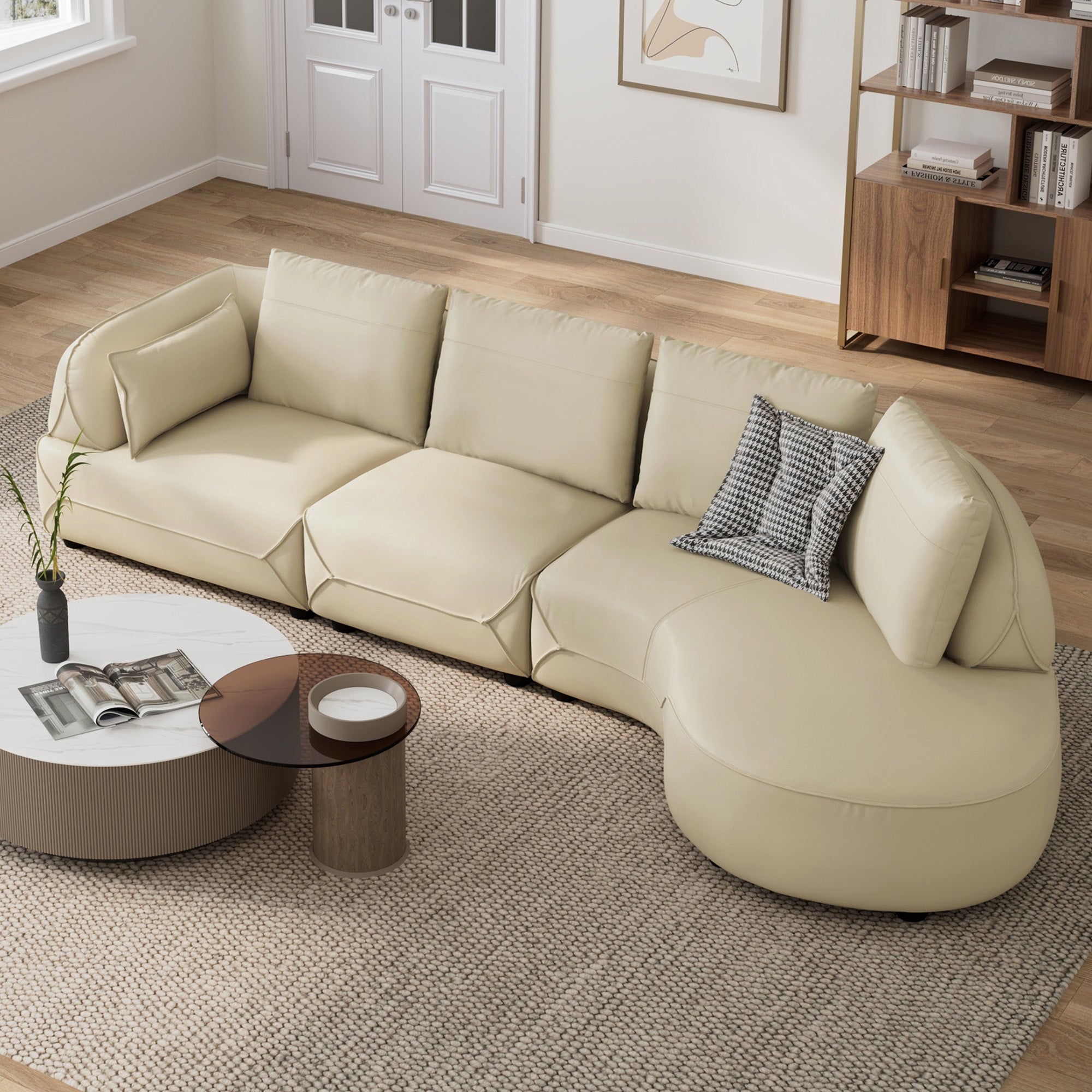 Curved Sectional Sofa with Modular Segments and Fluted Base