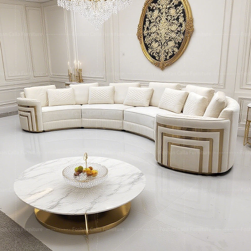 Curved Sectional Stepped Gold Trim Luxury White Seating