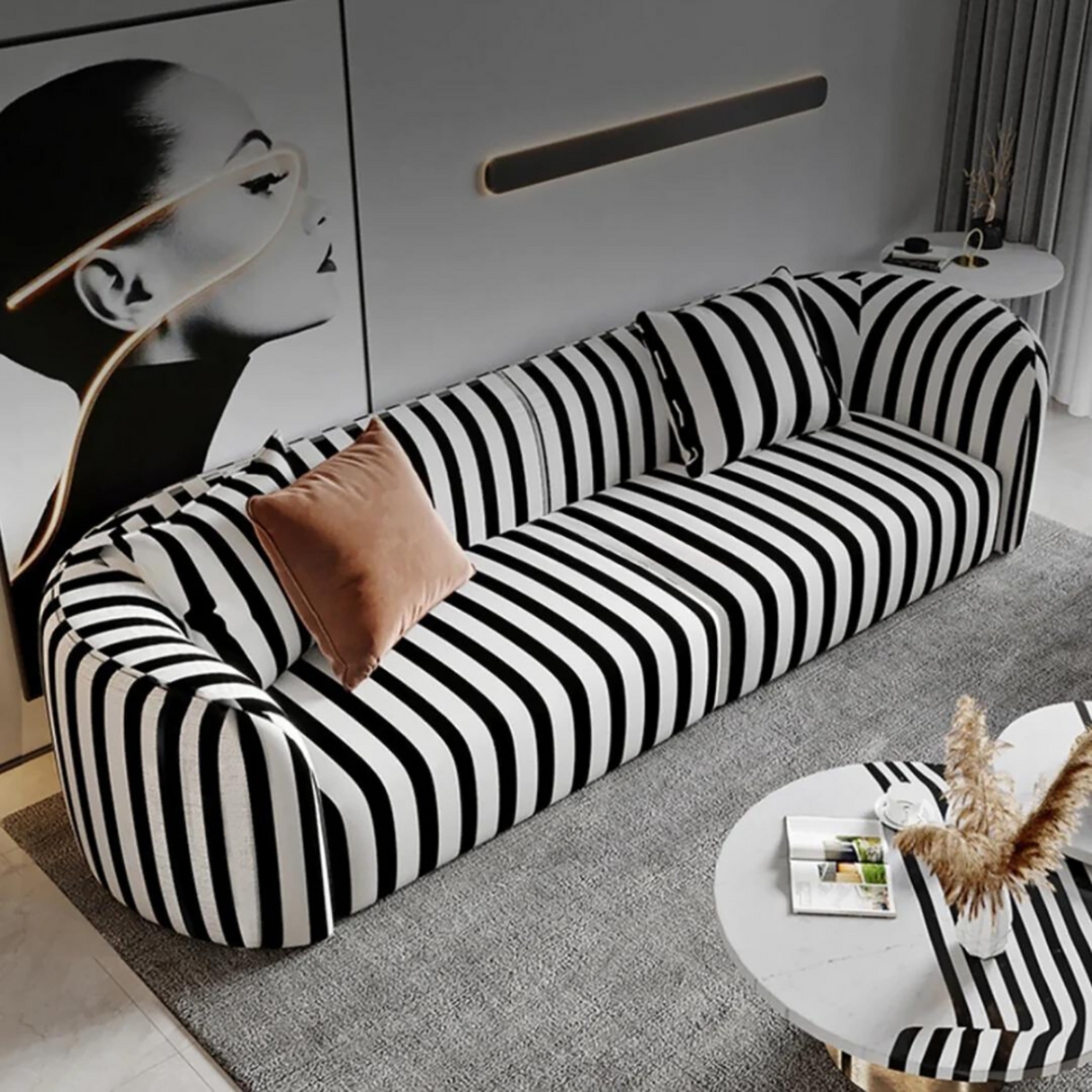 Curved Sofa Bold Vertical Stripes Rounded Silhouette