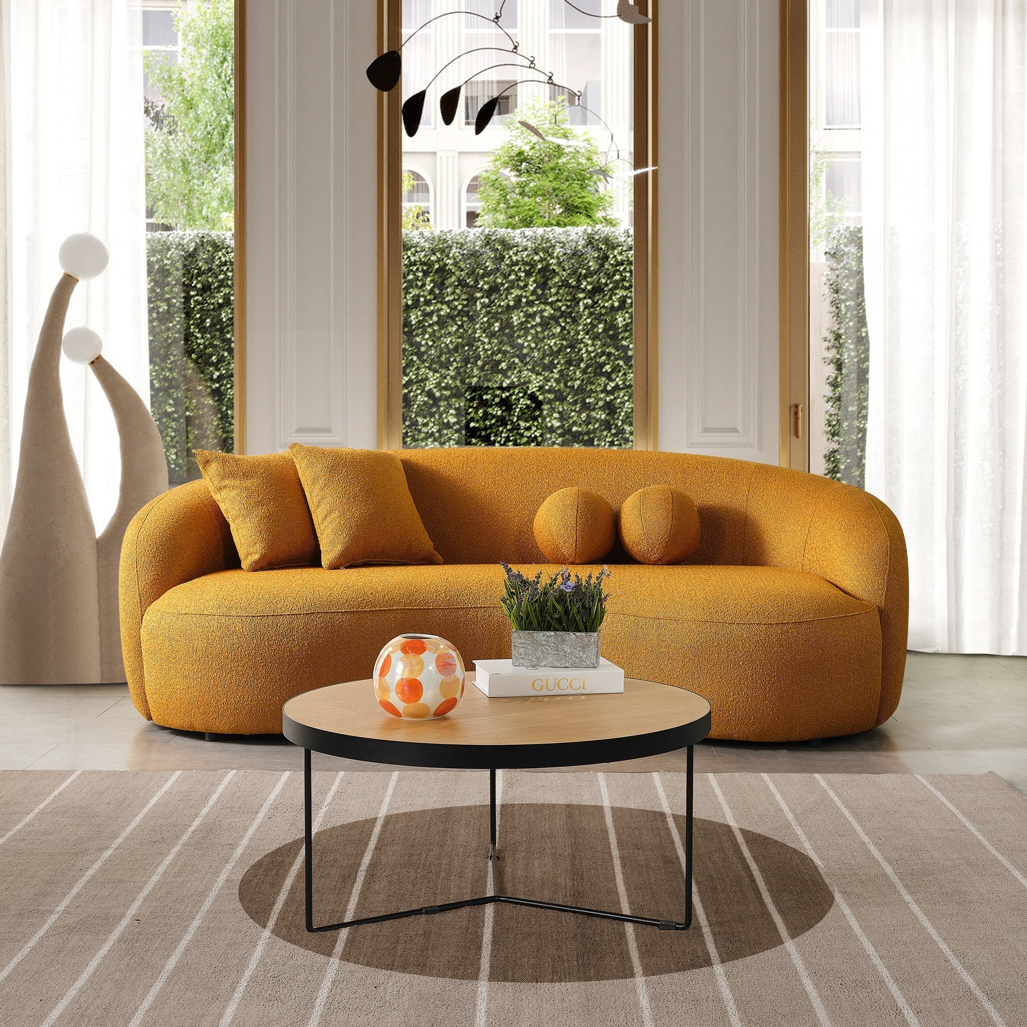 Curved Sofa in Saffron Boucle with Kidney Shaped Silhouette