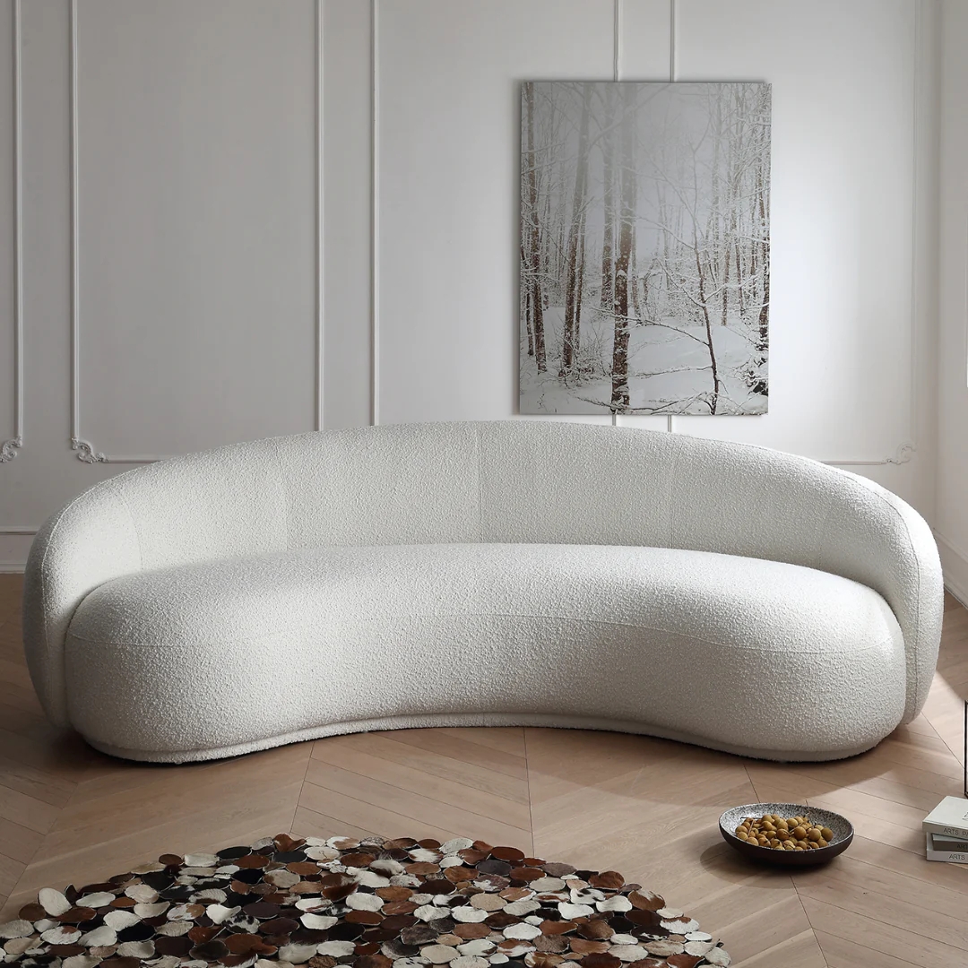 Curved Sofa Monolithic Design Ivory Boucle Upholstery