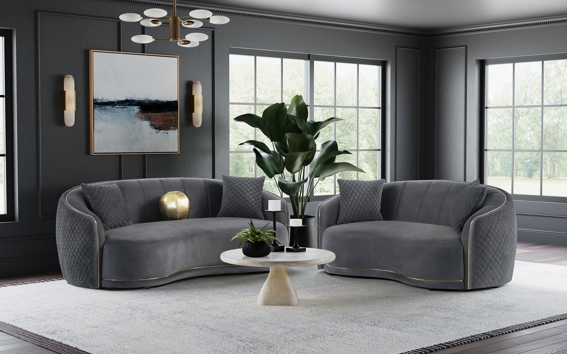 Curved Sofa with Diamond Quilted Sides and Gold Base Trim