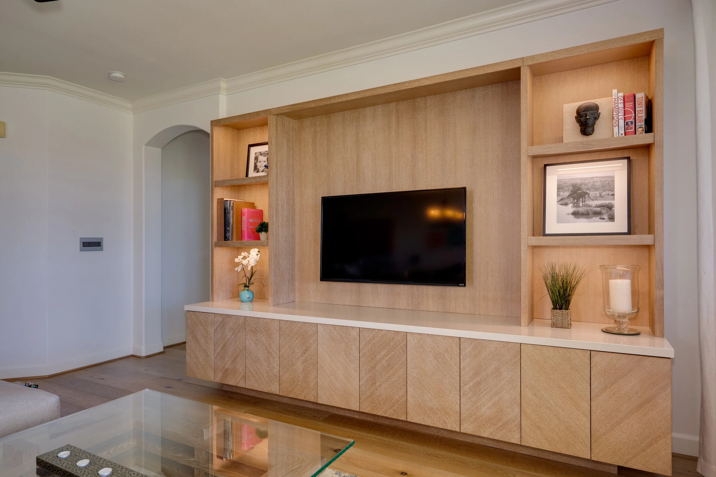 Custom Media Unit Chevron Grain Doors Floating Wood