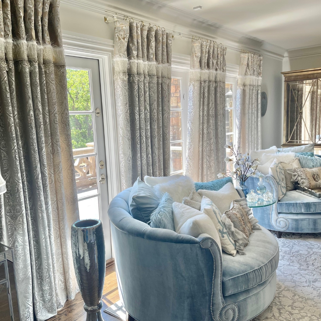 Damask Drapery: Fringed Damask Ice Blue Velvet Panels