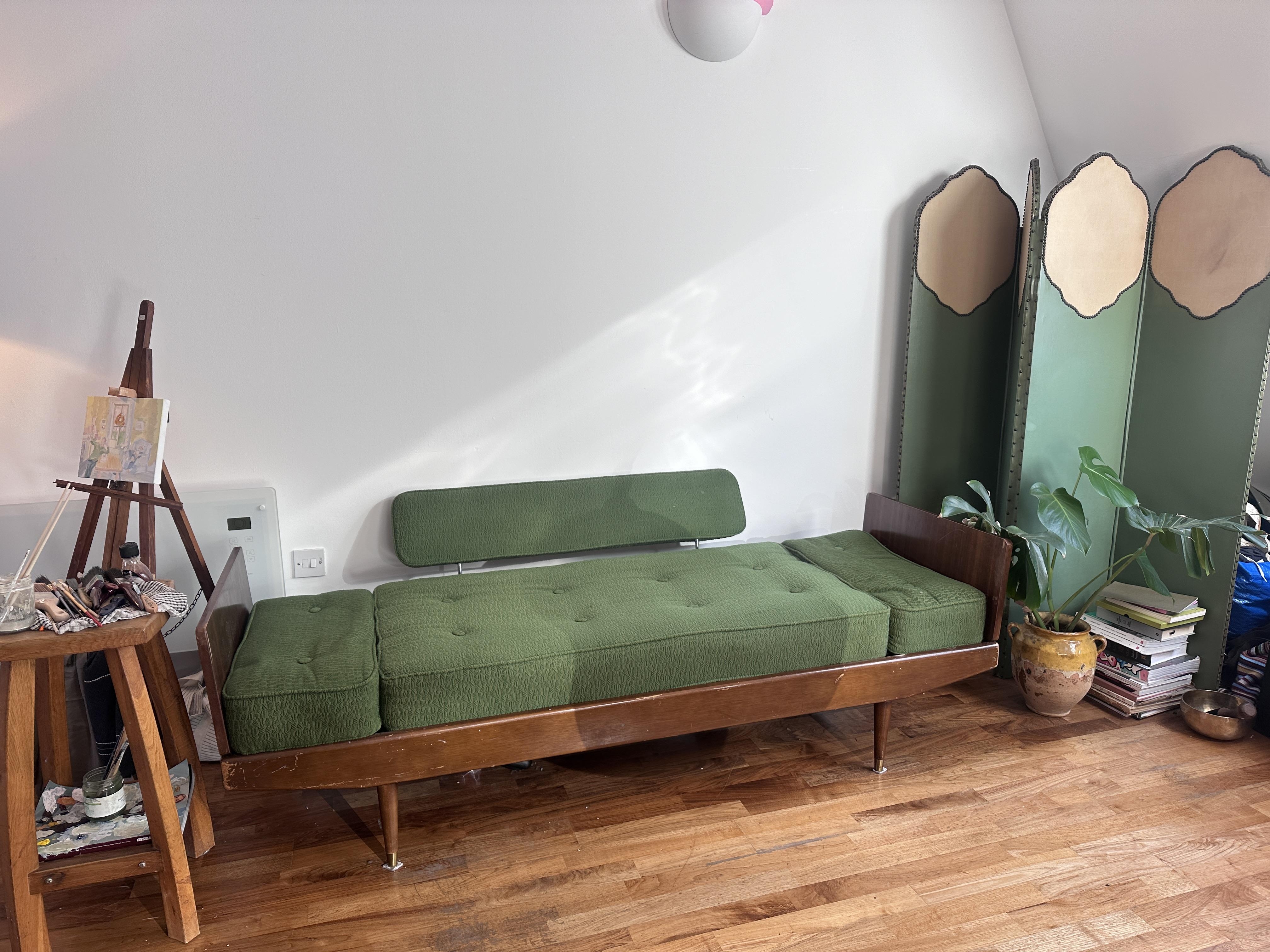 Daybed Sofa In Olive Green Fabric With Button Tufted Seat