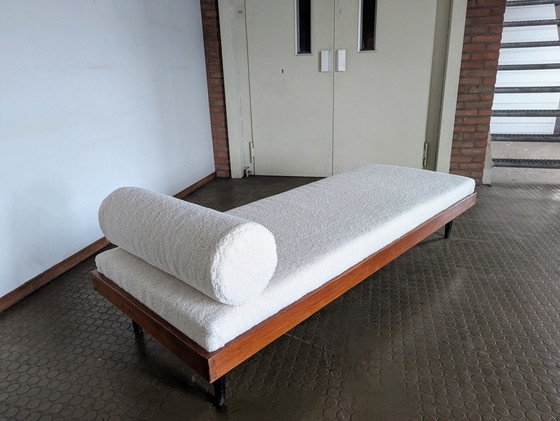 Daybed With Nubby Texture Boucle and Cylindrical Bolster
