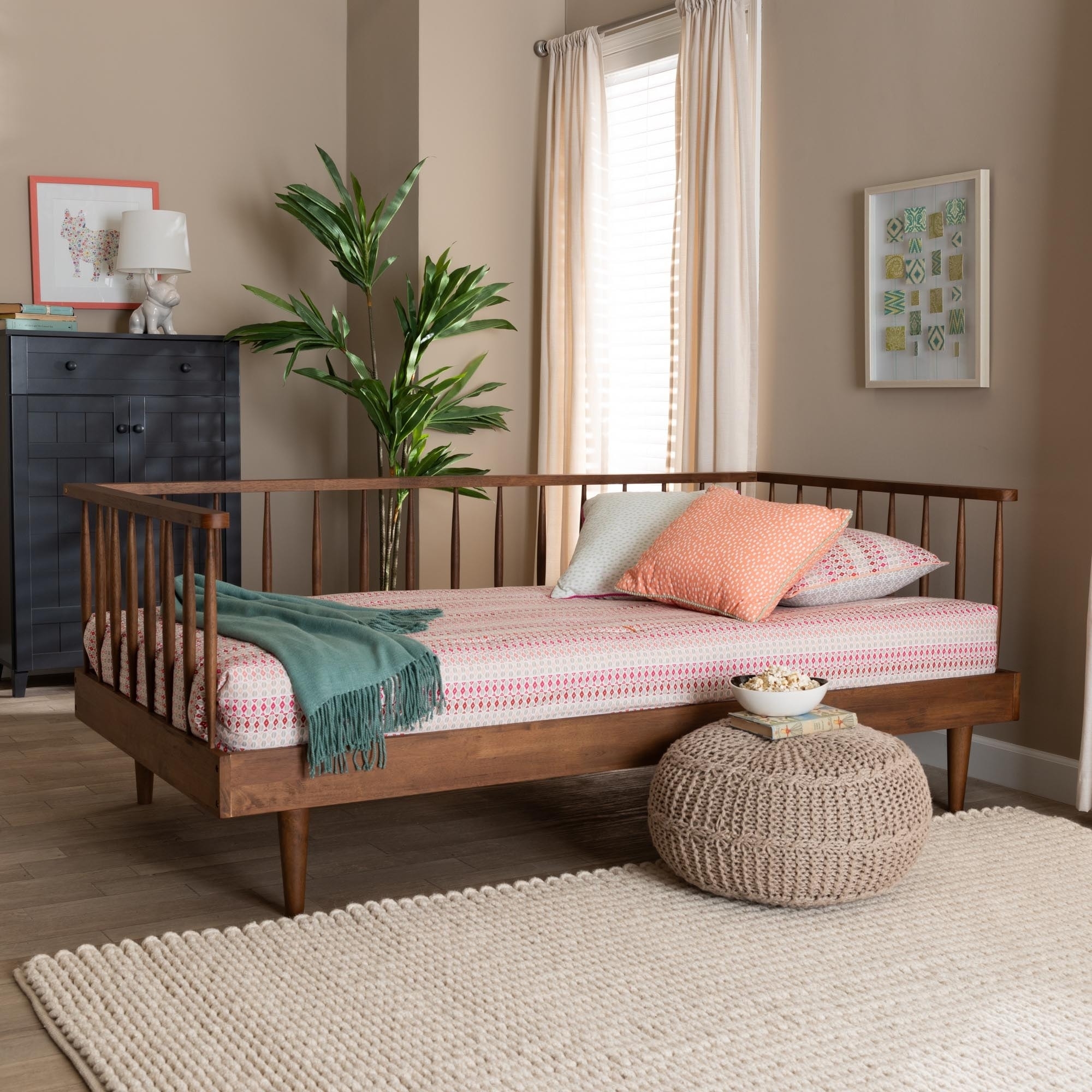 Daybed With Spindle Railing In Ash Walnut Wood Finish