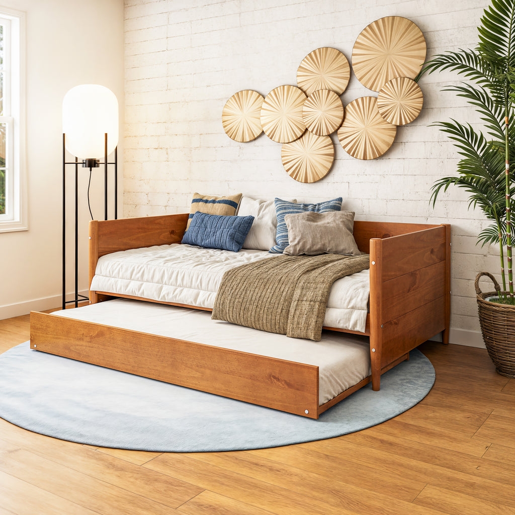 Daybed With Trundle In Warm Honey Wood Finish and Paneled Sides