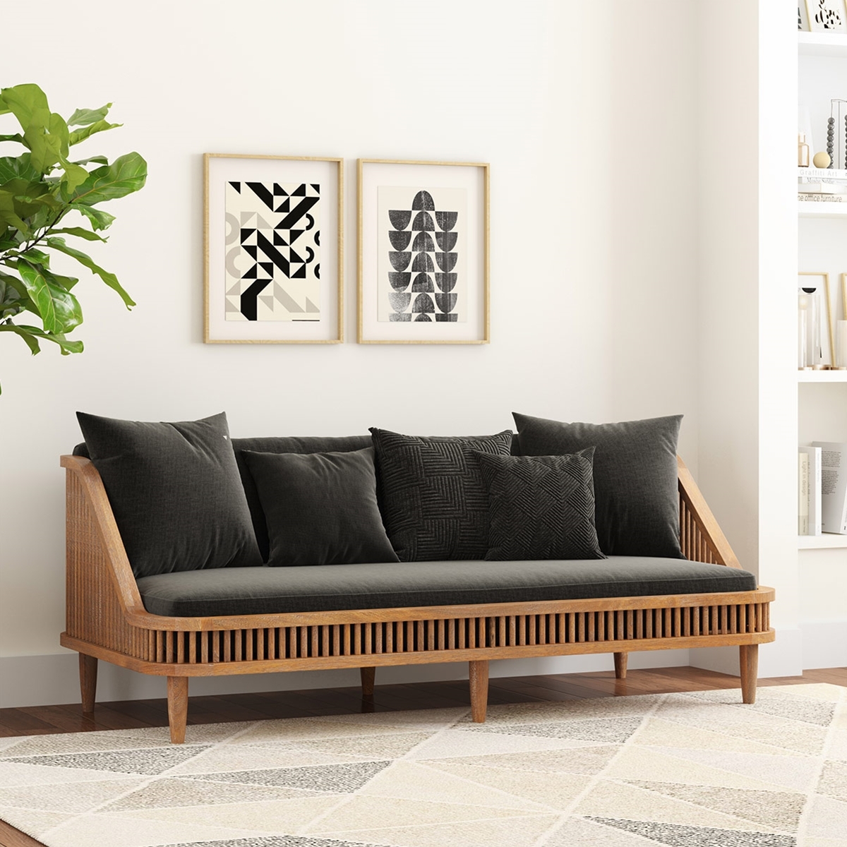 Daybed With Vertical Slat Apron and Japandi Wooden Frame