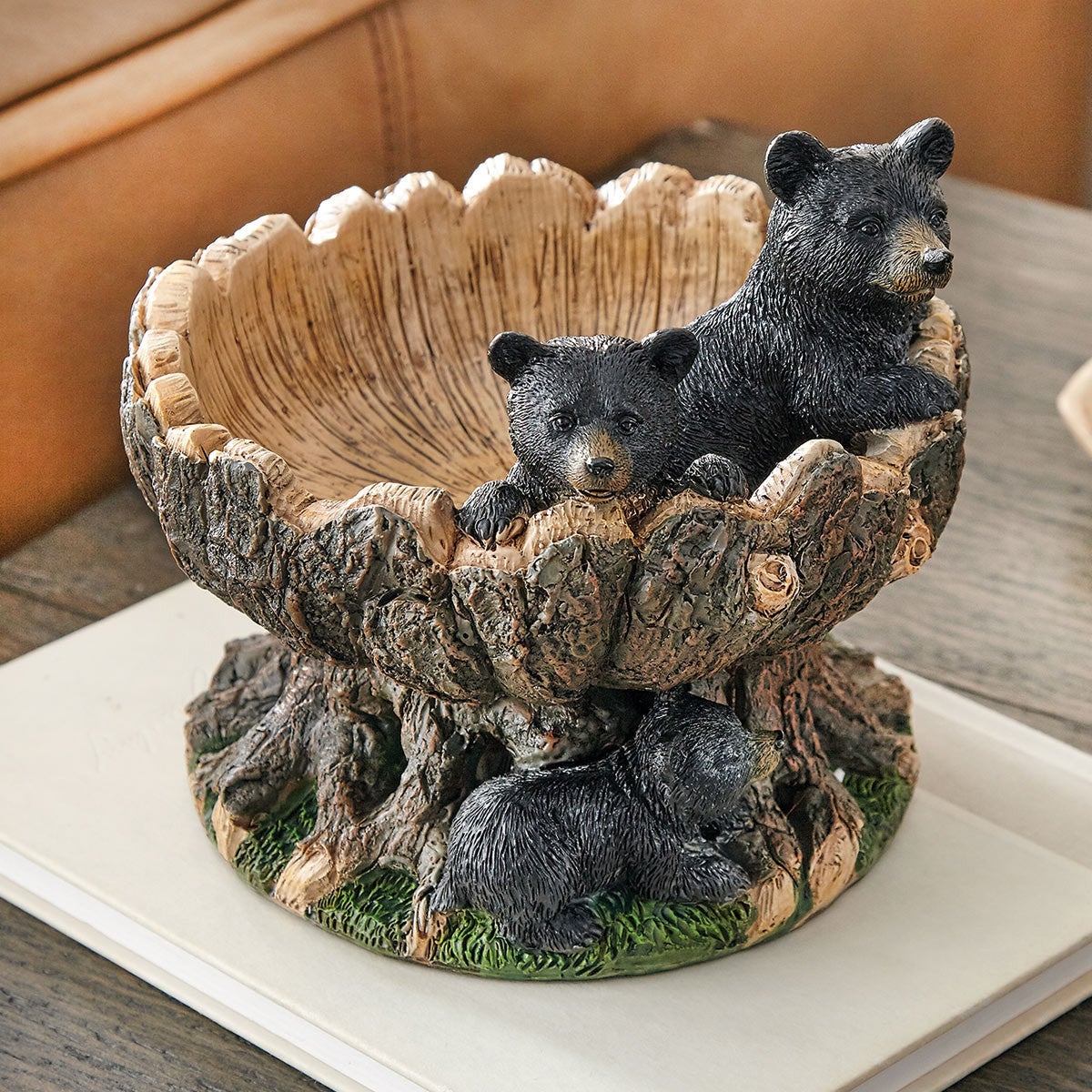 Decorative Bowl Sculpted Bears Bark Texture Woodland Tree Stump Bowl