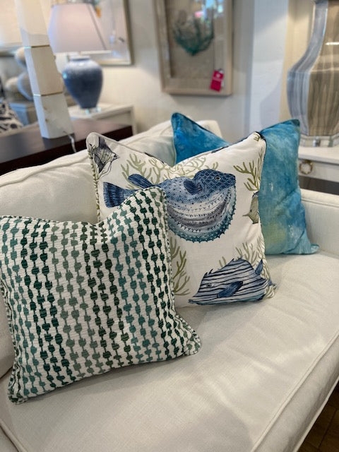 Decorative Pillows Pufferfish Motif Coastal Piped Edges