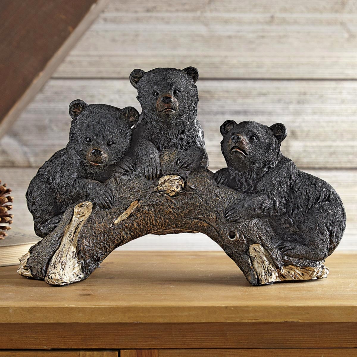 Decorative Sculpture Arched Log Base Black Bear Cub Sculpture