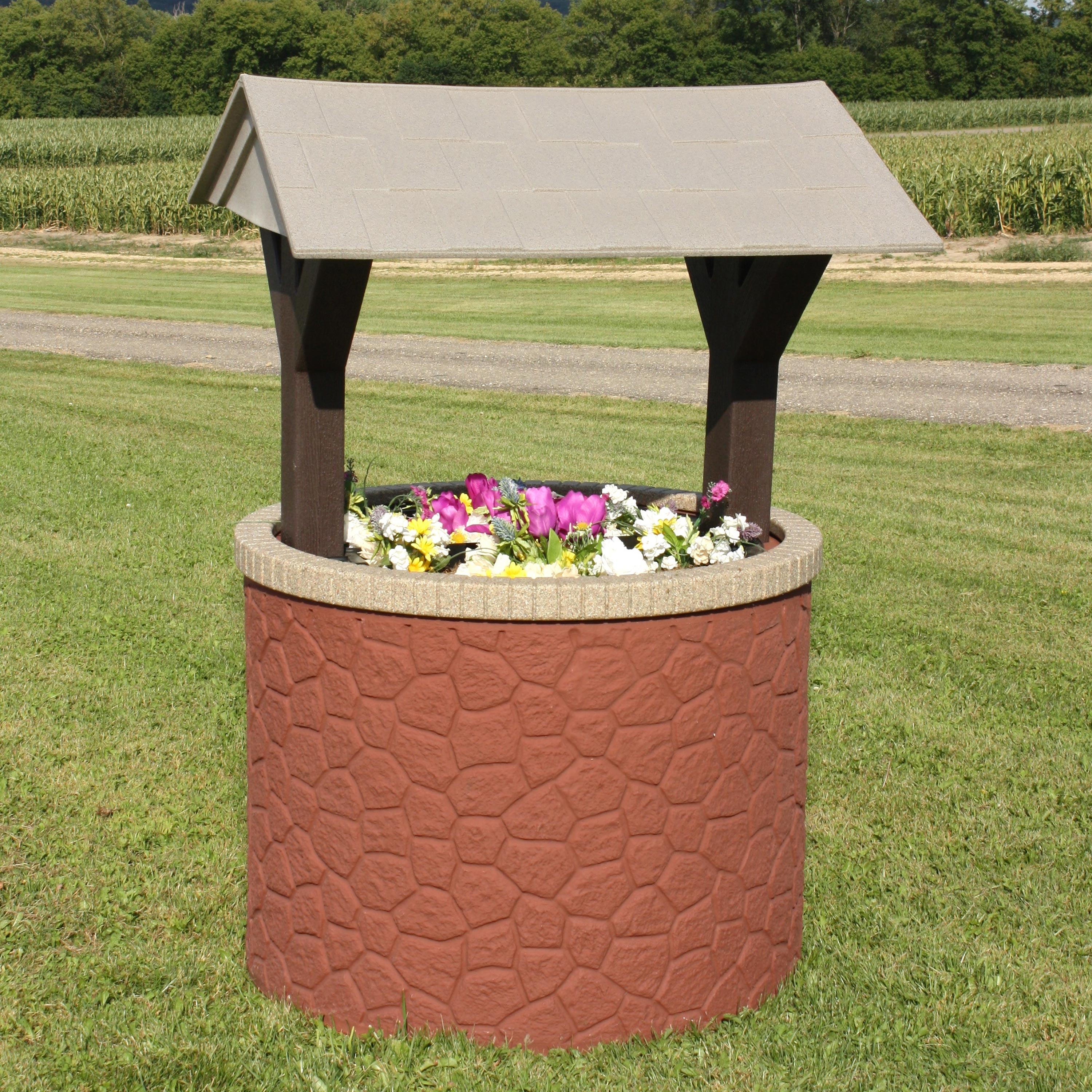 Decorative Wishing Well Cobblestone Terra Cotta Red Cover