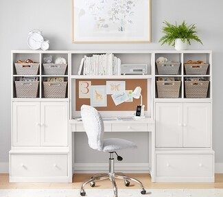 Desk Wall System with Sherpa Upholstery and Woven Baskets