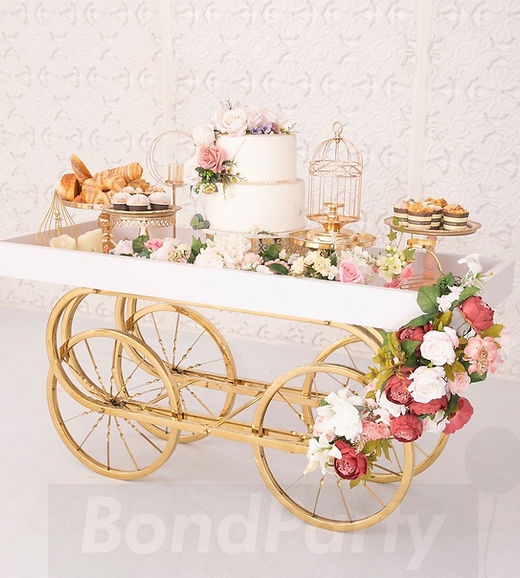 Dessert Cart with Gloss Gold Frame and Carriage Wheels