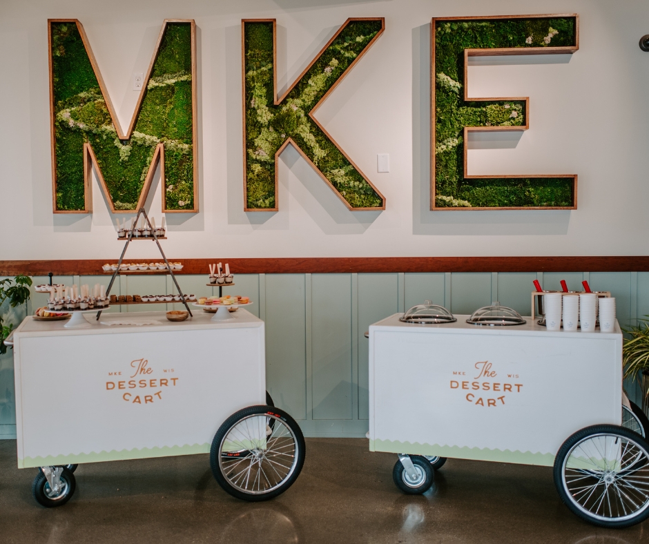 Dessert Cart with Scalloped Base and Moss Wall Branding
