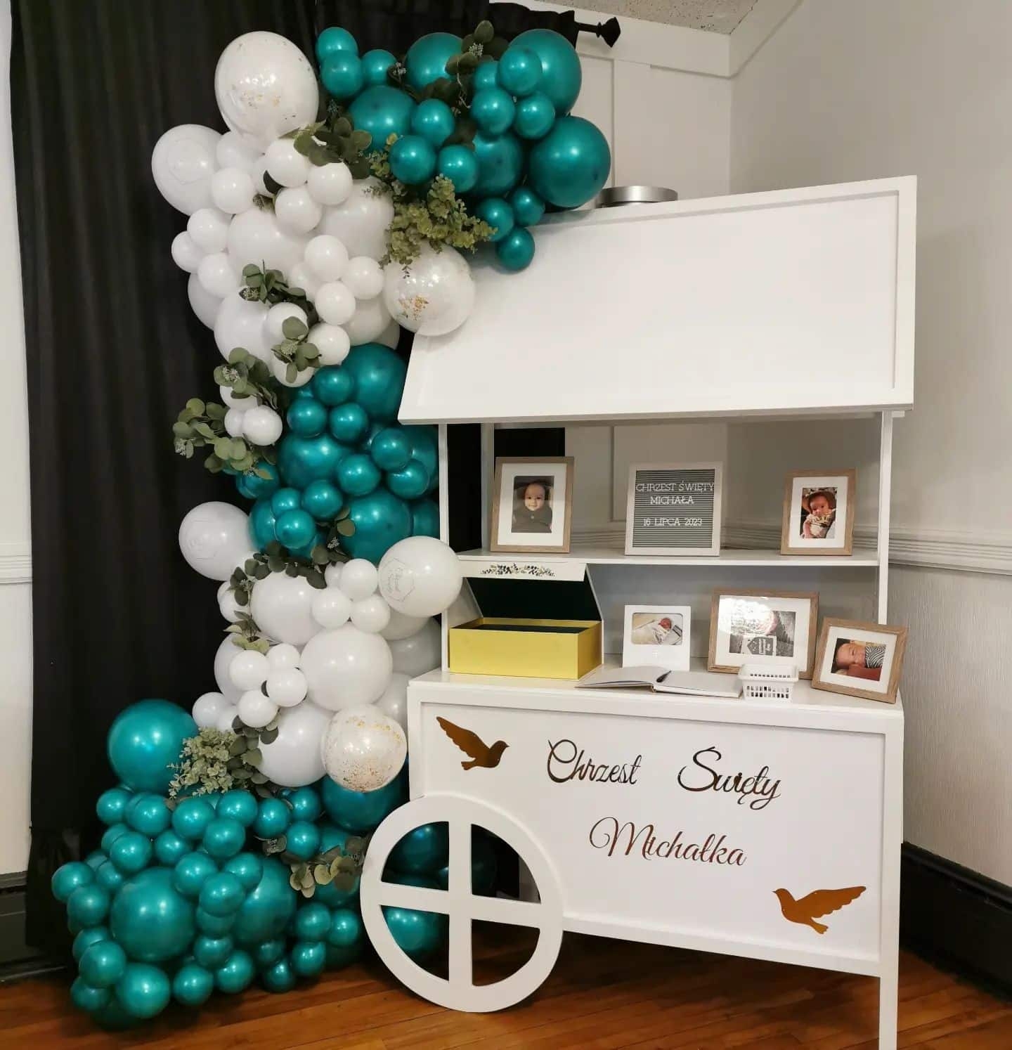 Dessert Cart with Teal Balloon Garland and Gold Scripting