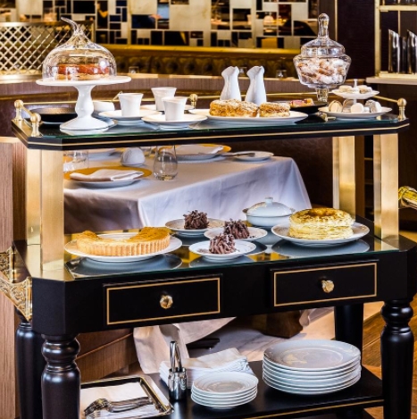 Dessert Trolley with Matte Black Finish and Gold Accents