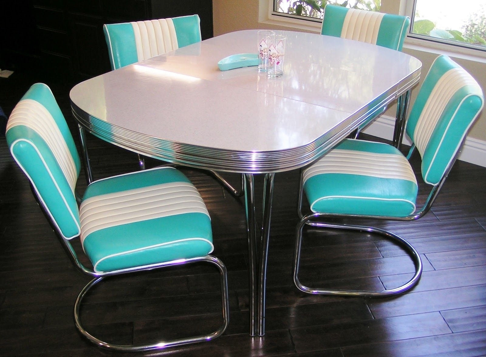 Dinette Set Teal White Stripes Cantilever Chairs