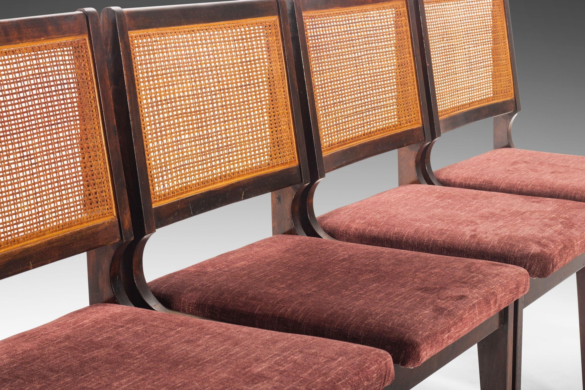Dining Chair Curved Frame Burgundy Upholstery Rattan Back