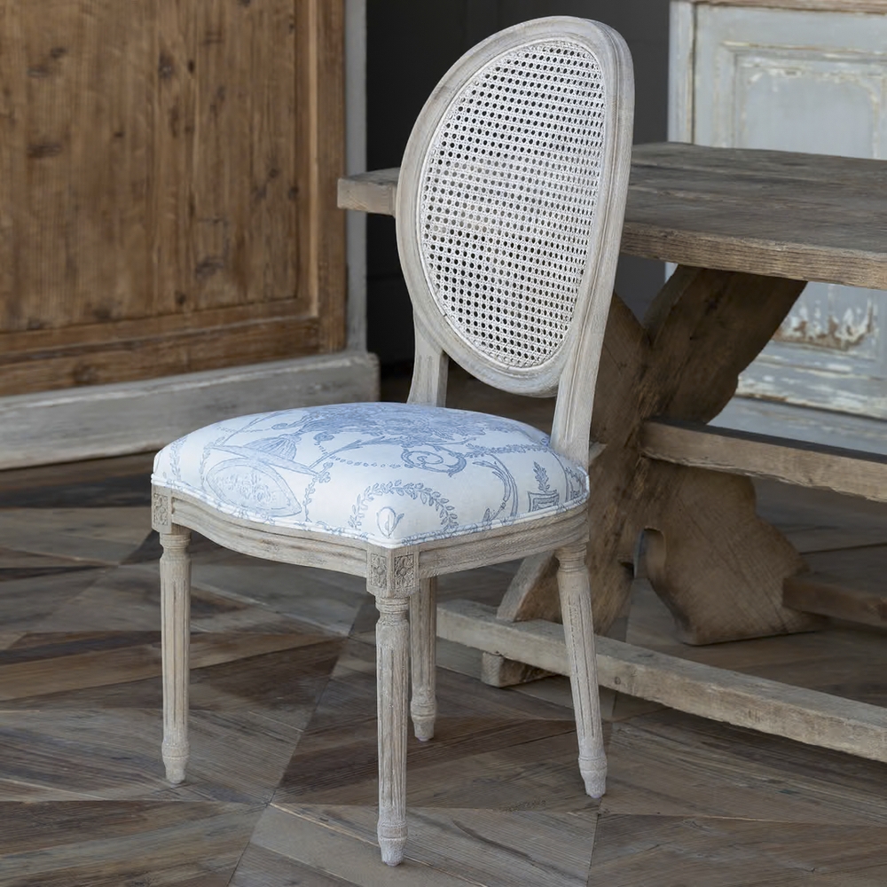 Dining Chair Floral Pattern Seat Louis XVI Whitewashed Finish