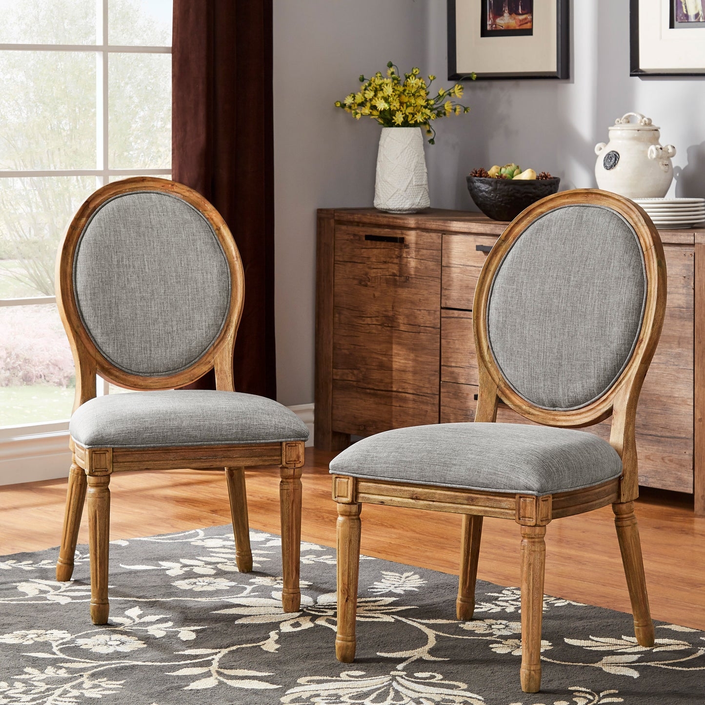 Dining Chair: Grey Linen Round Medallion Back