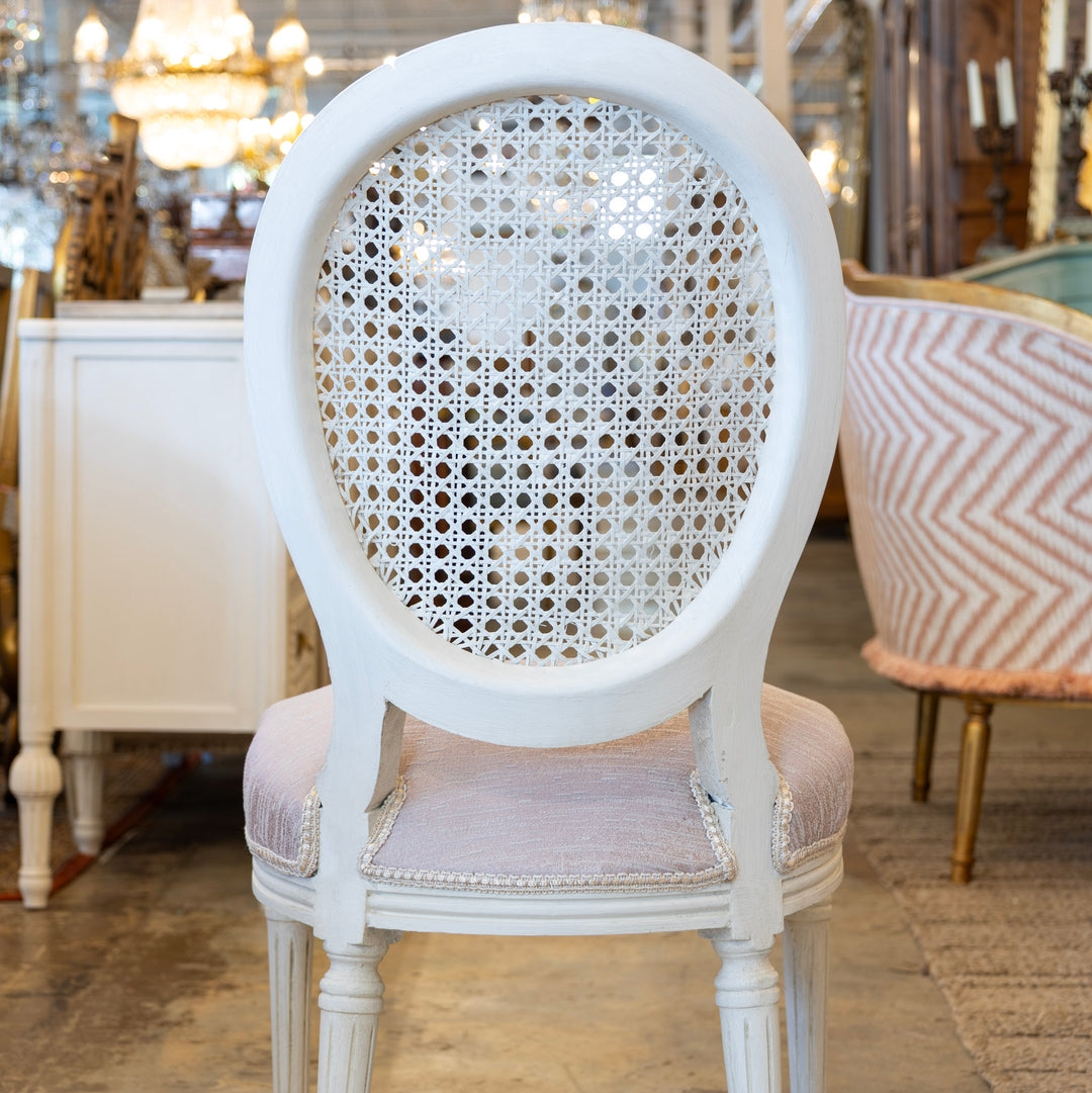 Dining Chair Medallion Cane Back Blush Pink Linen Vanity