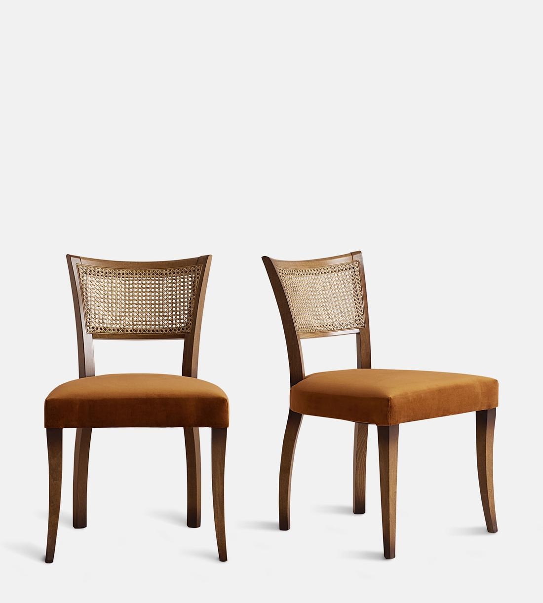 Dining Chair Mustard Velvet Walnut Finish Rattan Back Pair