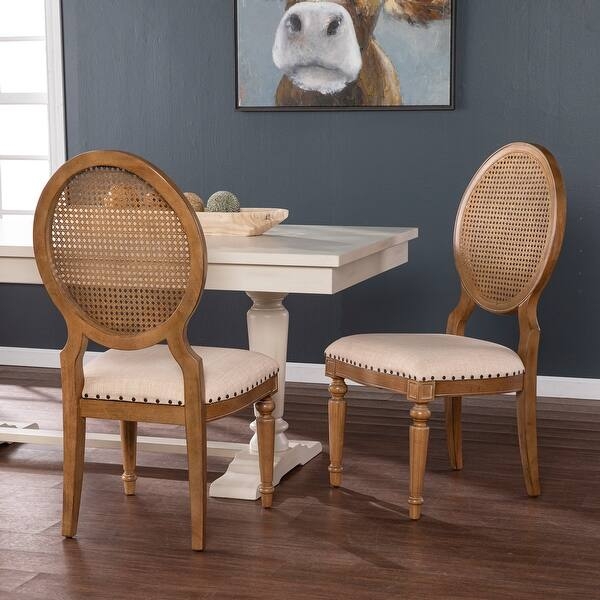 Dining Chair Oak Brown Oval Cane Back with Nailhead Trim