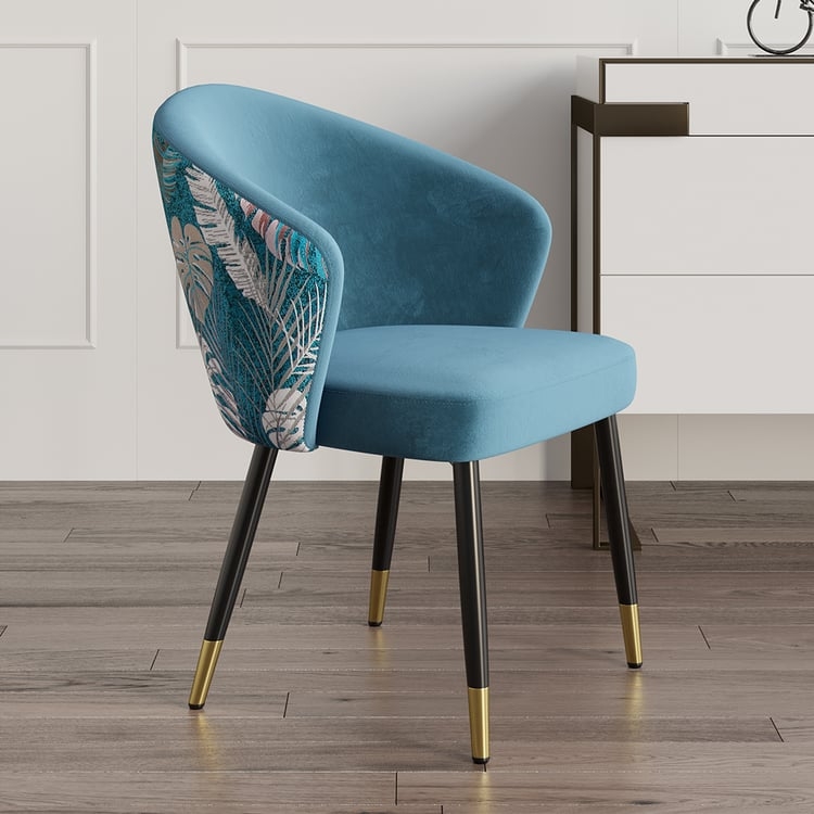 Dining Chair: Tropical Leaf Accent Cerulean Velvet Arm