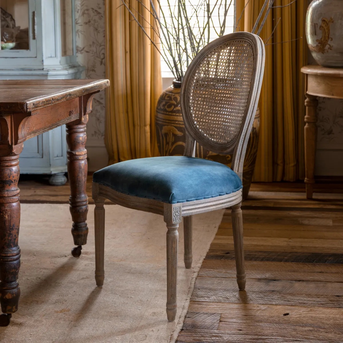 Dining Chair Weathered Fluted Legs Blue Velvet French Style