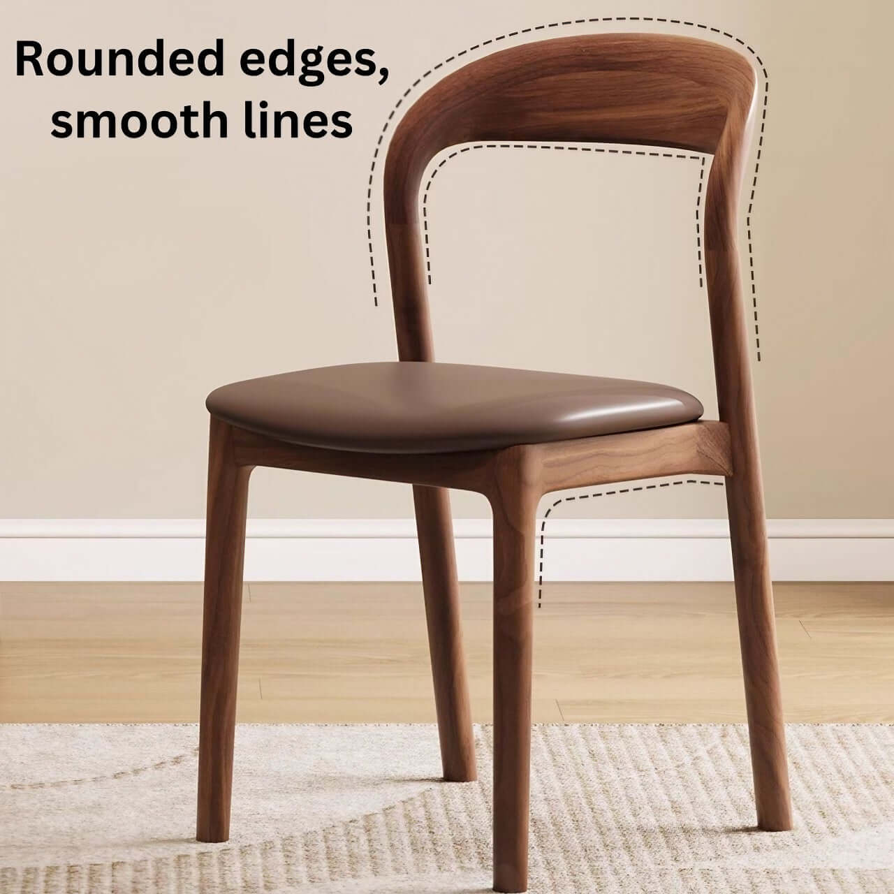 Dining Chair with Rounded Edges and Walnut Brown Leather Seat