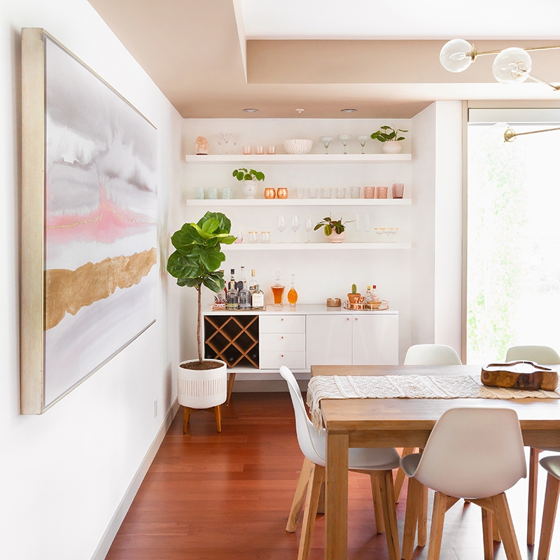 Dining Room Set with Blush Painted Soffit and Modern Bar Styling