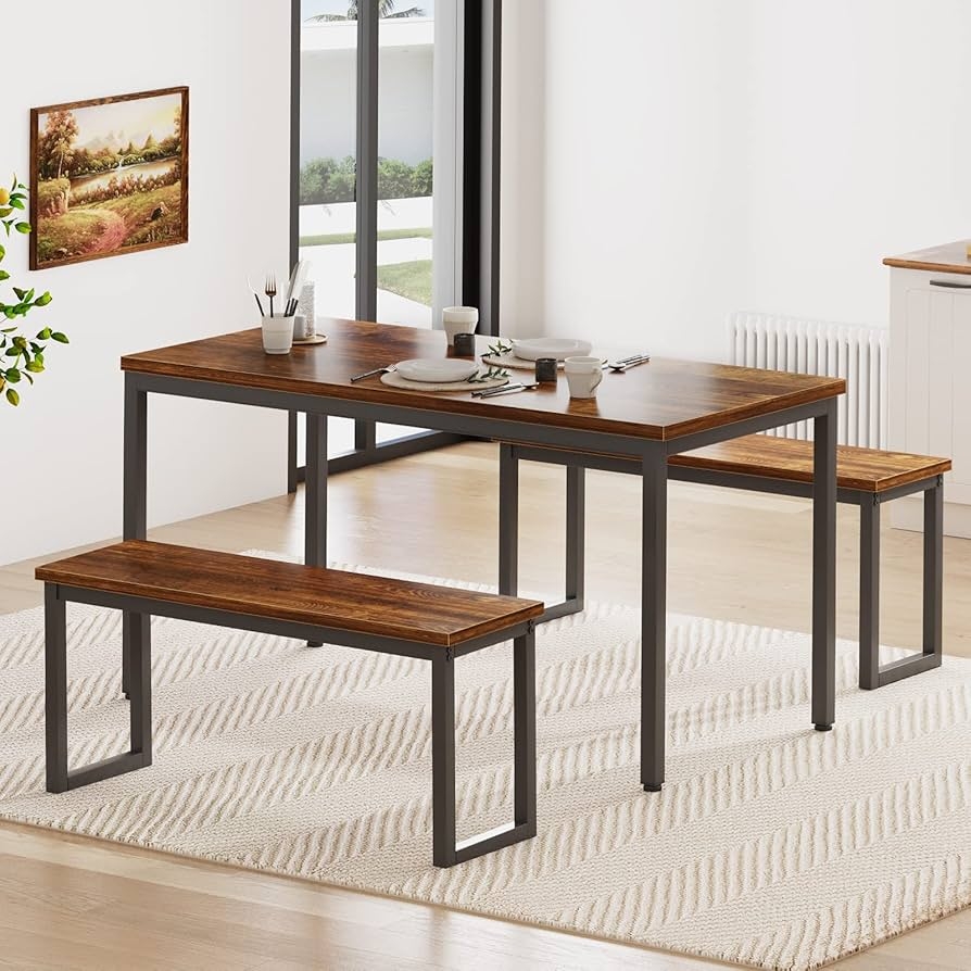 Dining Set Backless Benches Walnut and Metal Dining Set