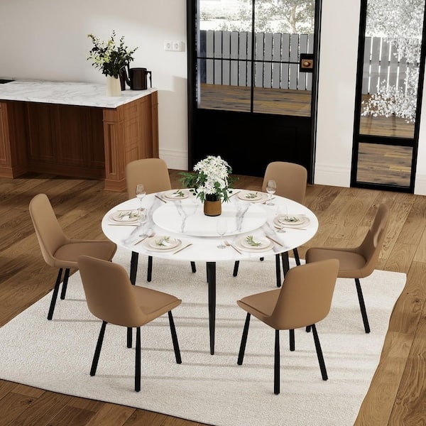 Dining Set: Camel Upholstery and Round Stone Table