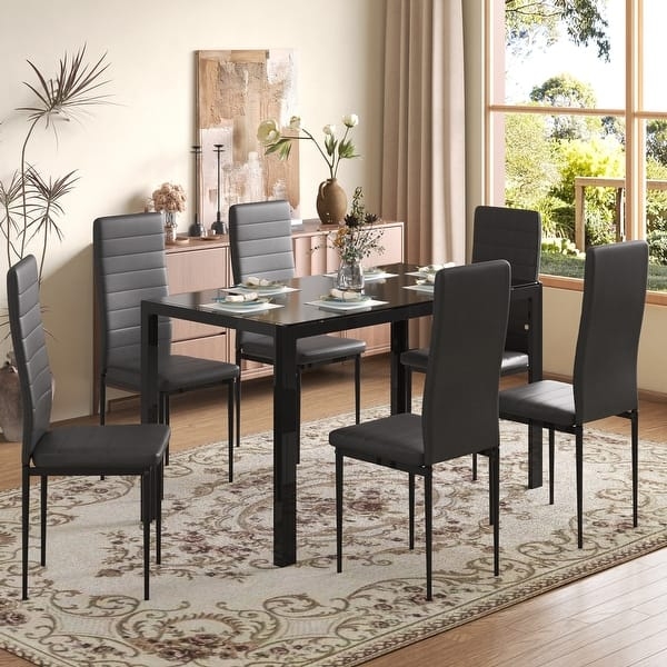 Dining Set Glossy Black Glass Charcoal Faux Leather Chairs
