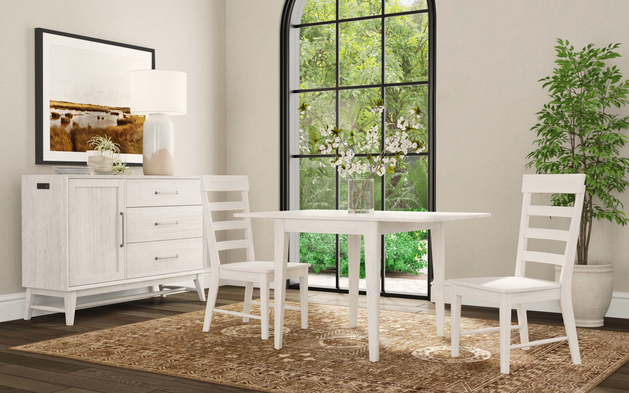 Dining Set in Whitewashed Finish with Ladder Back Chairs