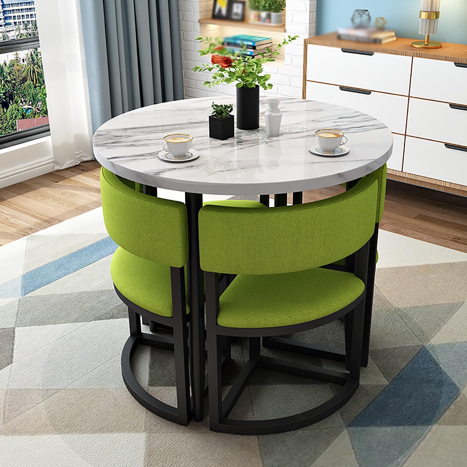 Dining Set Lime Green Nesting Chairs Round Marble Look Table