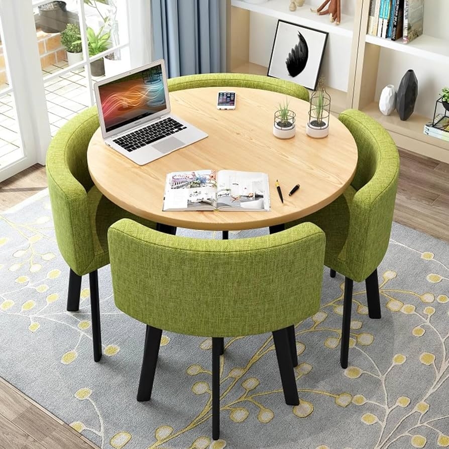 Dining Set Moss Green Upholstery Space Saving Round Table