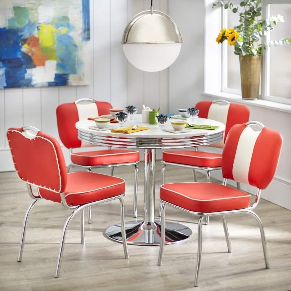 Dining Set Red White Stripe Chrome Pedestal Base