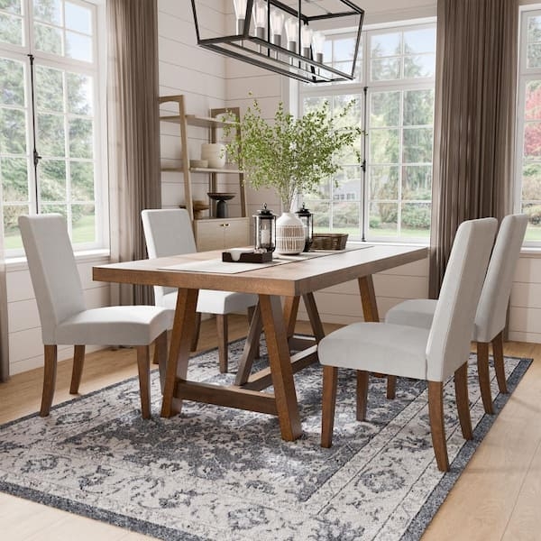 Dining Set: Rustic Brown Dining Set Trestle High Back Chairs