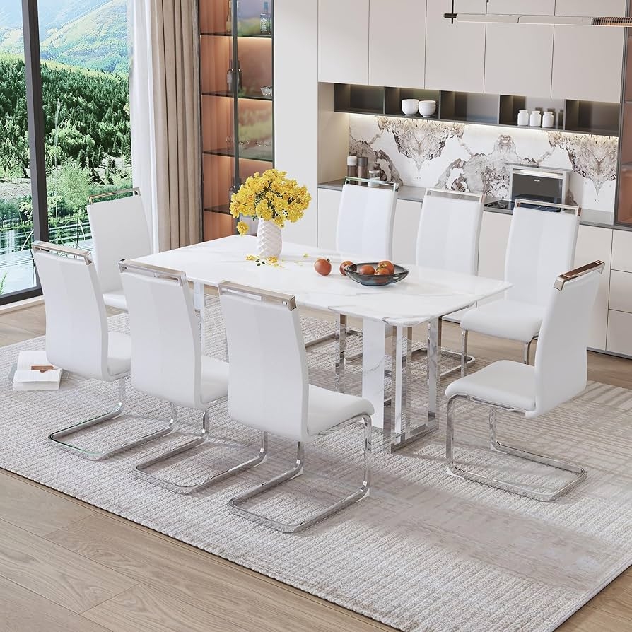 Dining Set with Cantilever Chairs and Marble Look Top