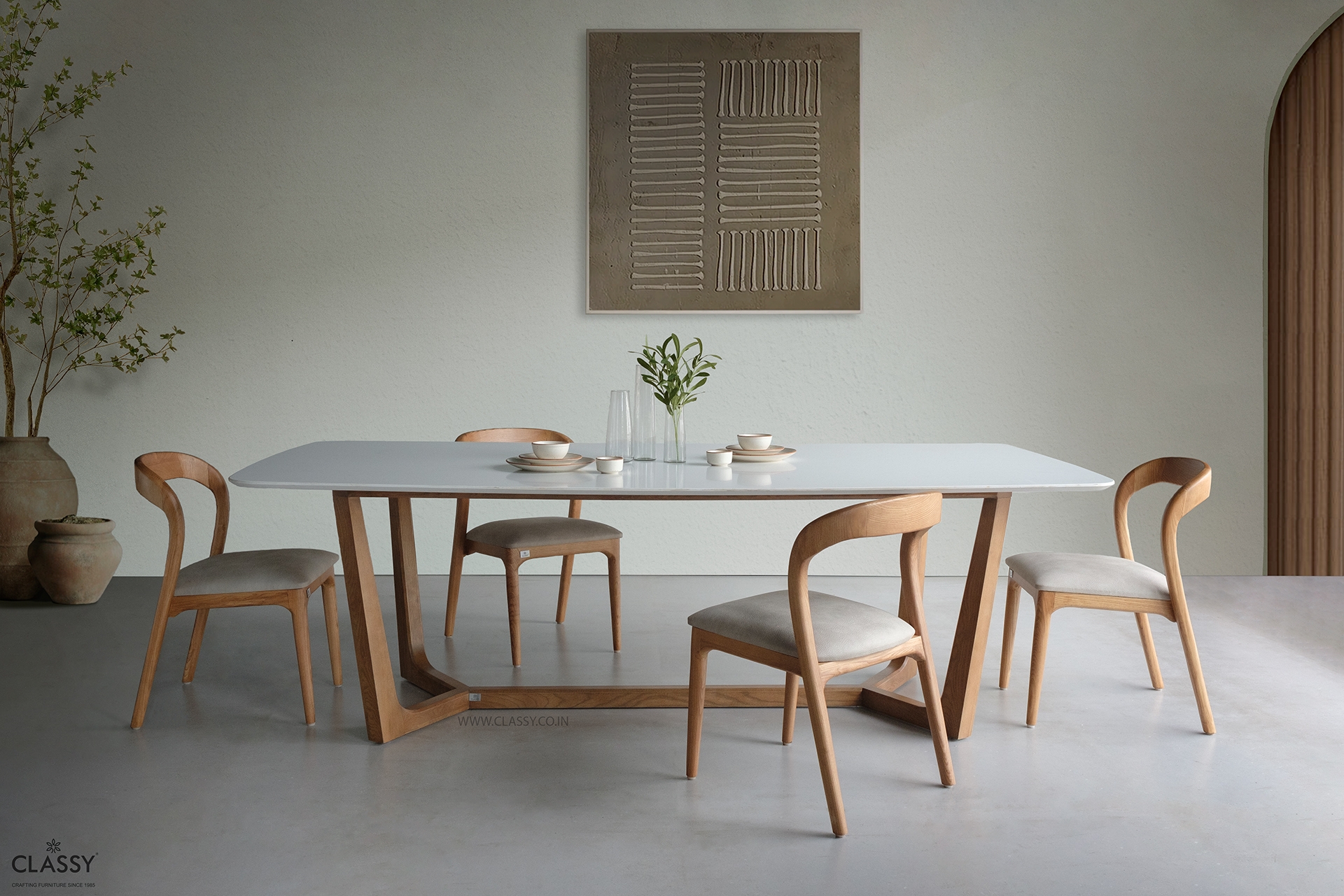 Dining Set with Geometric Trestle Base and Curved Backs