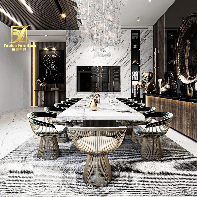 Dining Set with Luxury Marble Top and Wireframe Pedestal Base