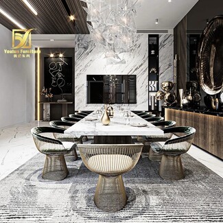Dining Set with Luxury Marble Top and Wireframe Pedestal Base