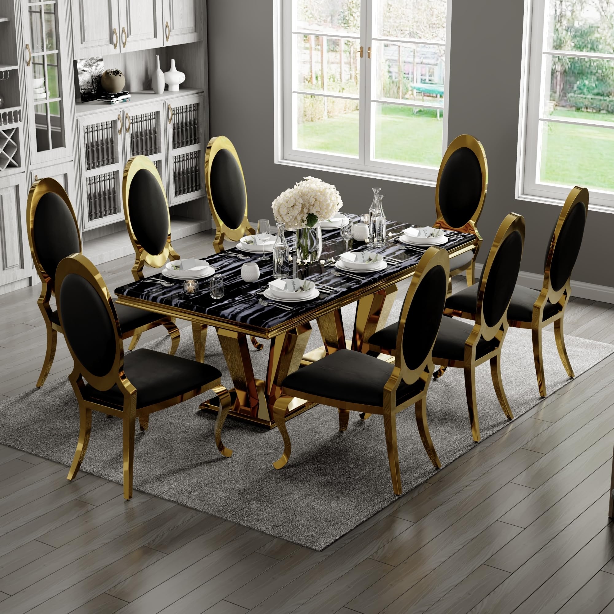 Dining Set with Metallic Double Pedestal and Shield Backs