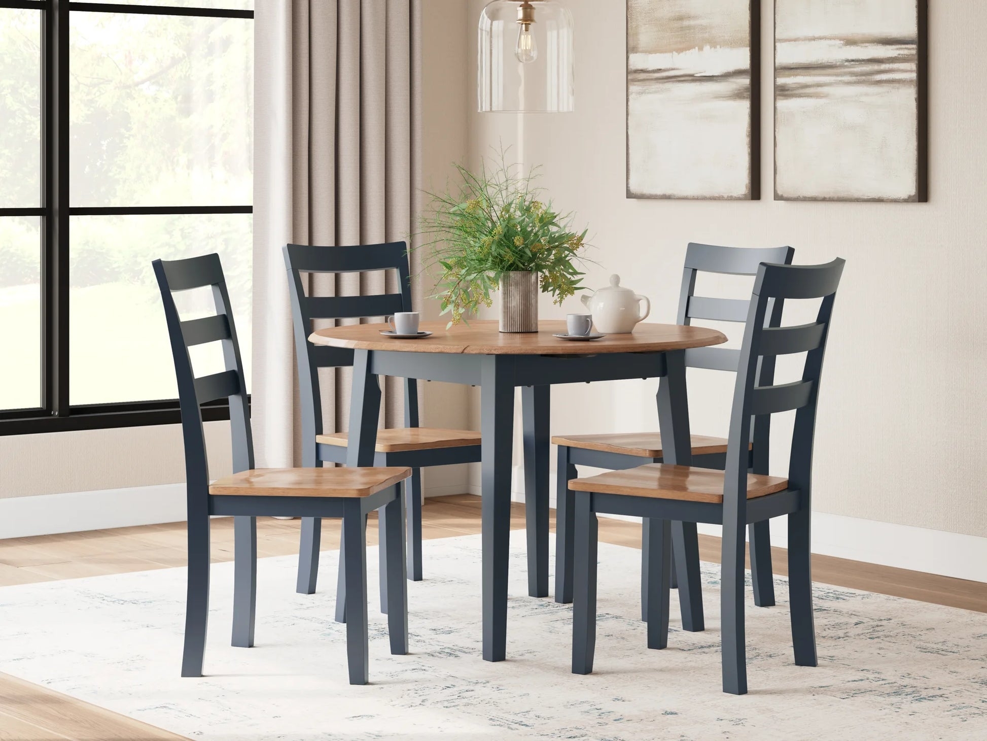 Dining Set with Navy Blue Base and Ladder Back Chairs