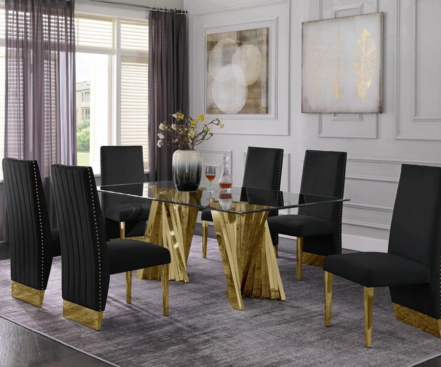 Dining Set with Sculptural Gold Base and Glass Table Top